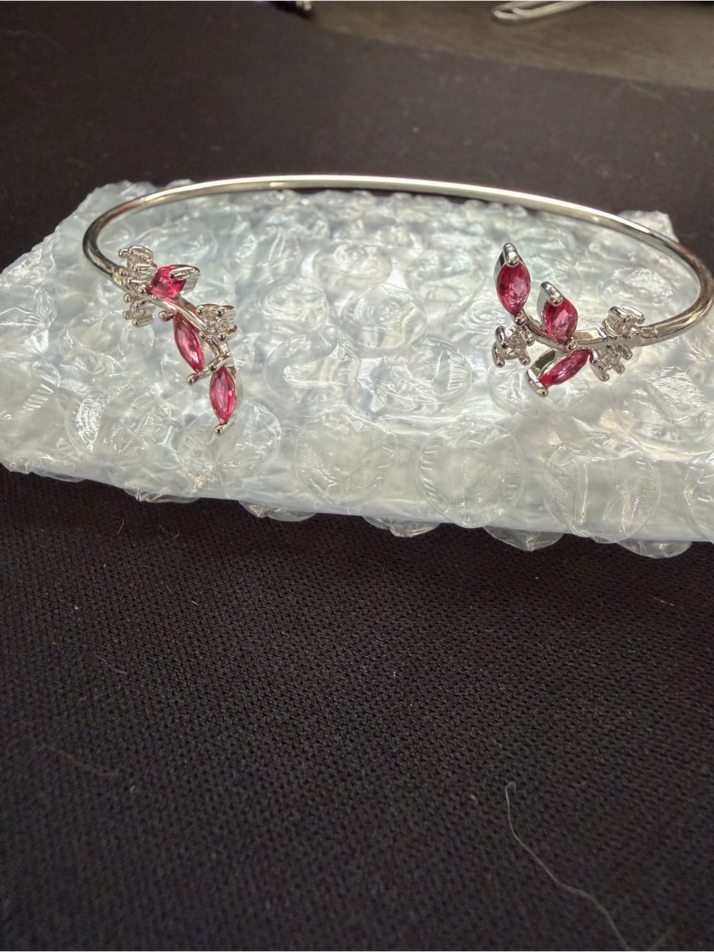 Silver Open Bangle Bracelet with Pink Marquise Stones